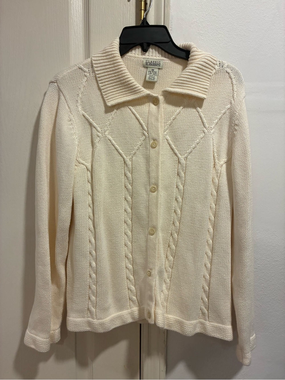 Classic Elements Women's Cream Cable-Knit Button Cardigan Sweater Medium Petite